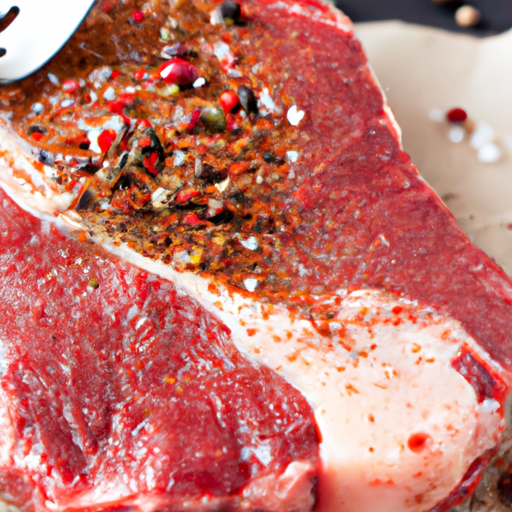 Seasoning a raw steak with salt and pepper