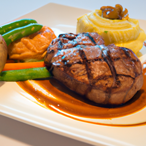 A perfectly cooked and juicy steak served with grilled vegetables and mashed potatoes.